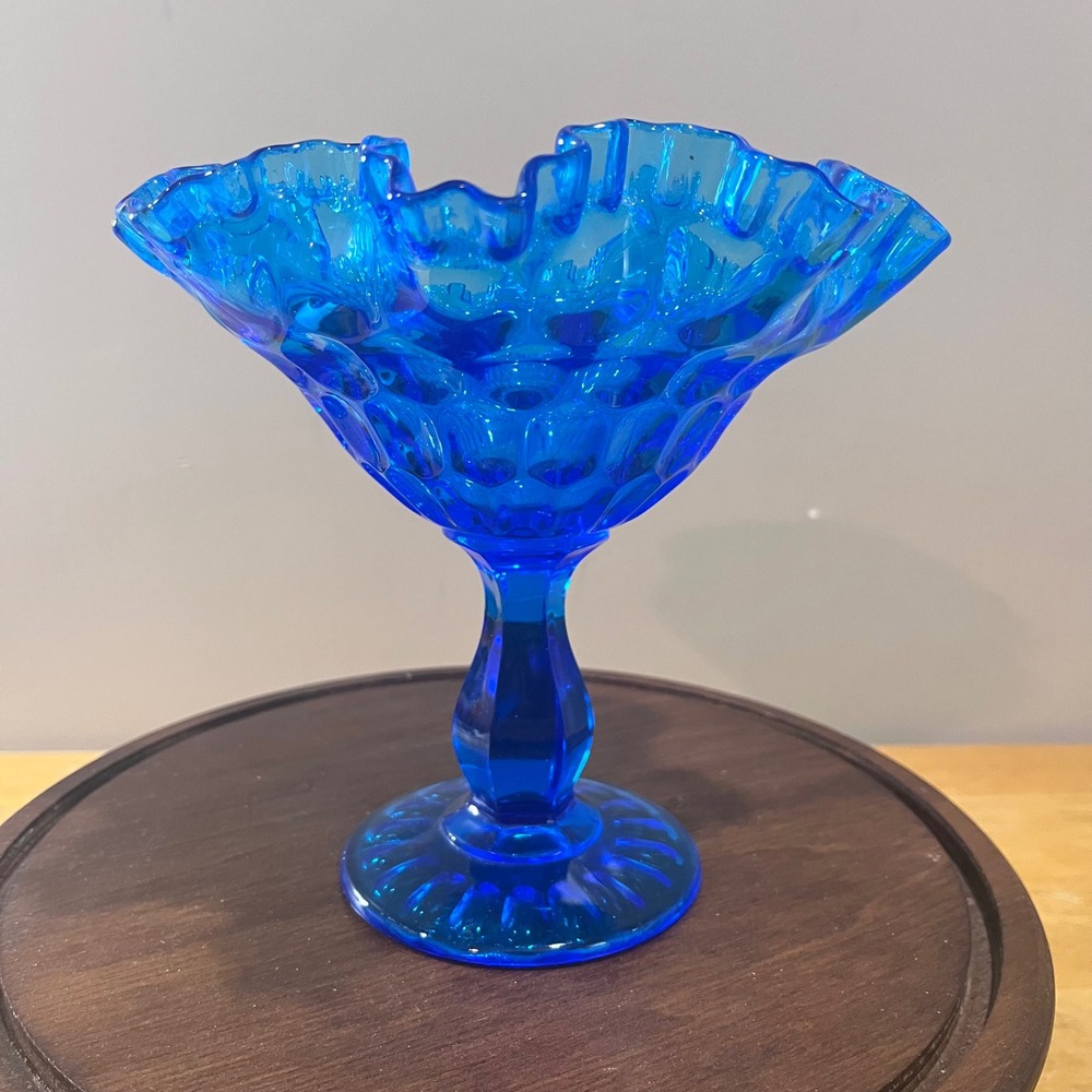 Vtg‎ Fenton Blue Hobnail Glass Compote Ruffled Pedestal Large Candy Dish MCM
